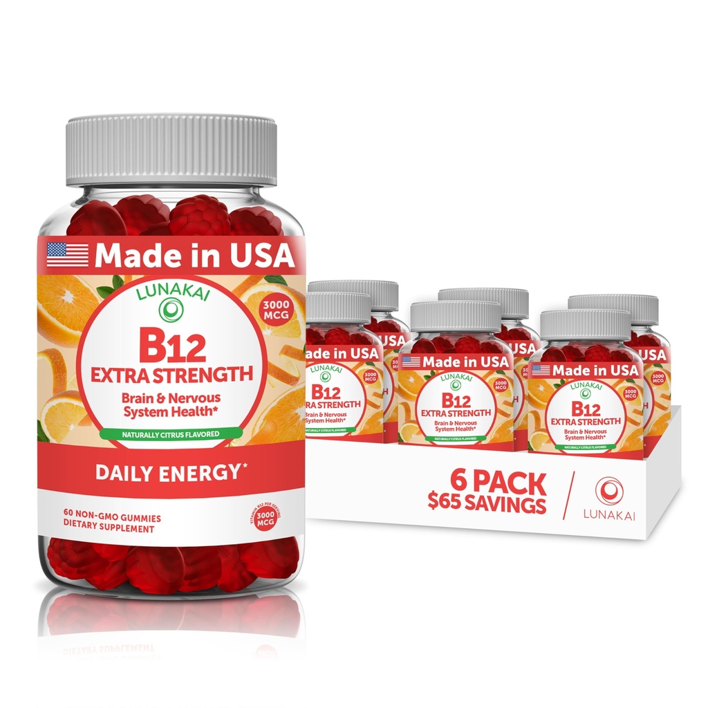 Lunakai USA Made Vitamin B12 Gummies 3000mcg, B12 Vitamins for Energy, Brain & Metabolism Support, Methylcobalamin for Adults, Women & Men, Non-GMO Vegan, 60 Daily Gummy Vitamins, 6 Pack