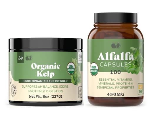 Organic Kelp Powder 8oz & Pure Alfalfa Leaf 100 Capsules Bundle