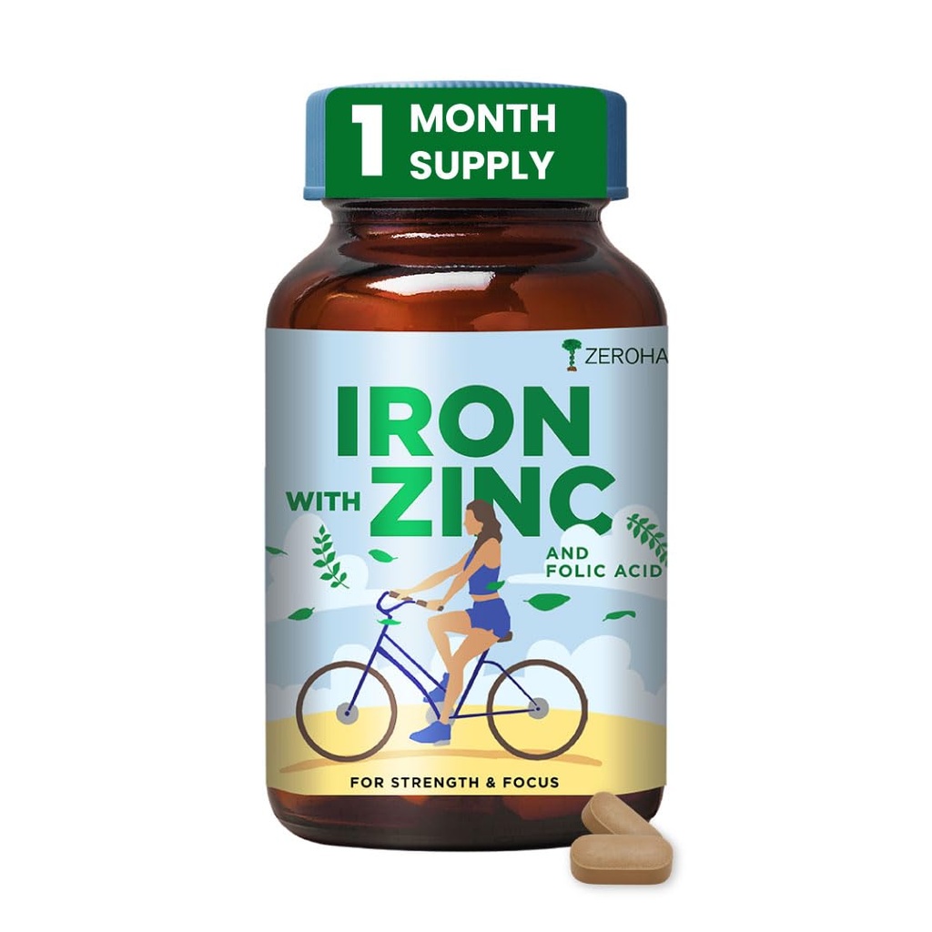 ZEROHARM Iron, Zinc, Folic Acid & Vitamin B12 Tablets | Curry Leaves, Guava, Acerola Cherry | Boosts Hemoglobin Levels | Antioxidant & Immunity Support | Iron Supplement for Men, Women | 60 Tablets