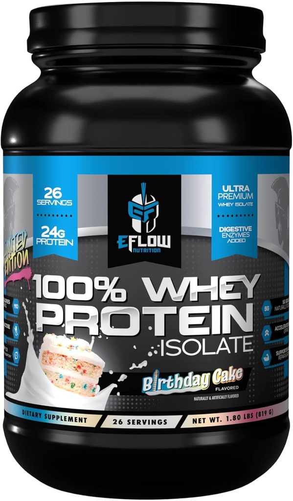 EFlow Nutrition 100% Whey протеїн Isolate - Lactose-Free Дайджест Enzymes Додано, Низький Карб, Пост тренування шаке, Швидка травлення для оптимального відновлення м'язів - День народження торт (26 сервірування)