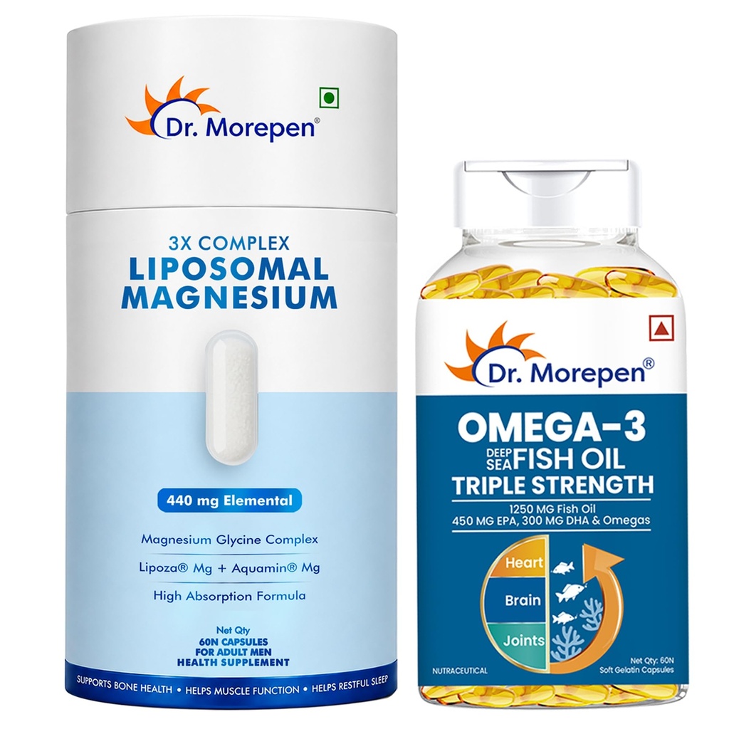 Dr. Morepen Omega-3 Fish Oil 1250mg (60 Softgels) + 3X Complex Liposomal Magnesium 440mg with Vitamin D2, K2-7, B6 & B12 (60 Capsules) | Heart, Joint, Sleep & Muscle Support Bundle