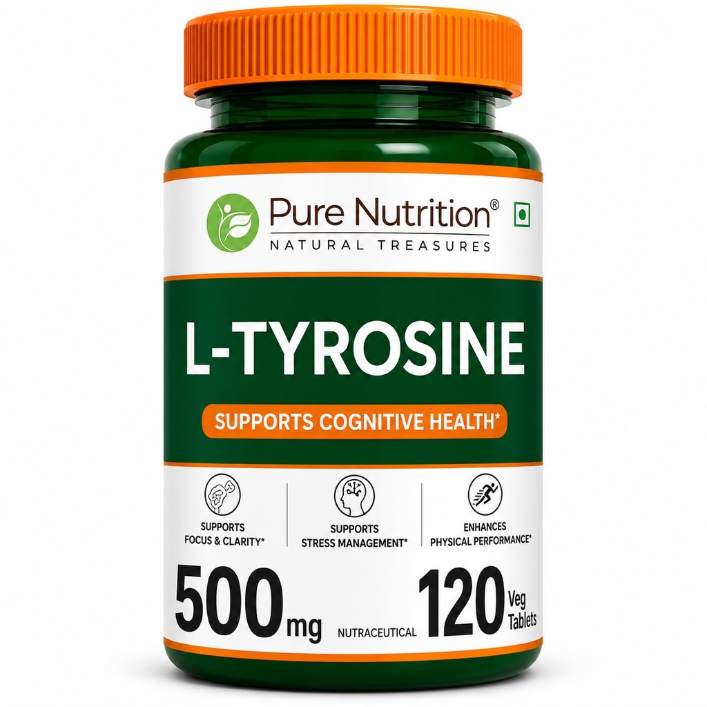 Pure Nutrition L Tyrosine (500mg), 120 Veg Capsules | Supports Cognitive Health, Memory, Focus & Brain Function | Reduces Stress & Fatigue | Promotes Thyroid Health
