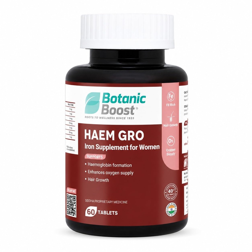 Haem Gro Iron Supplement for Women - 60 Tablets - Supports Haemoglobin Formation, Oxygen Supply, Energy, Hair Growth & Women’s Wellness with Ayurvedic Herbs Ashwagandha, Raisins, Sesame