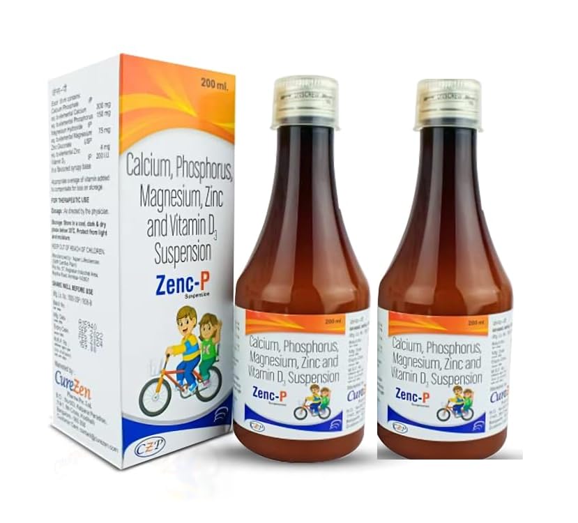 CureZen Zenc-P Suspension for Kids | Calcium, Phosphorus, Magnesium, Zinc and Vitamin D3 Syrup | Supports Bone Strength, Growth & Immunity | Energy Booster, Joint Function and Mobility | 200ml Bottle, (Pack of- 2)