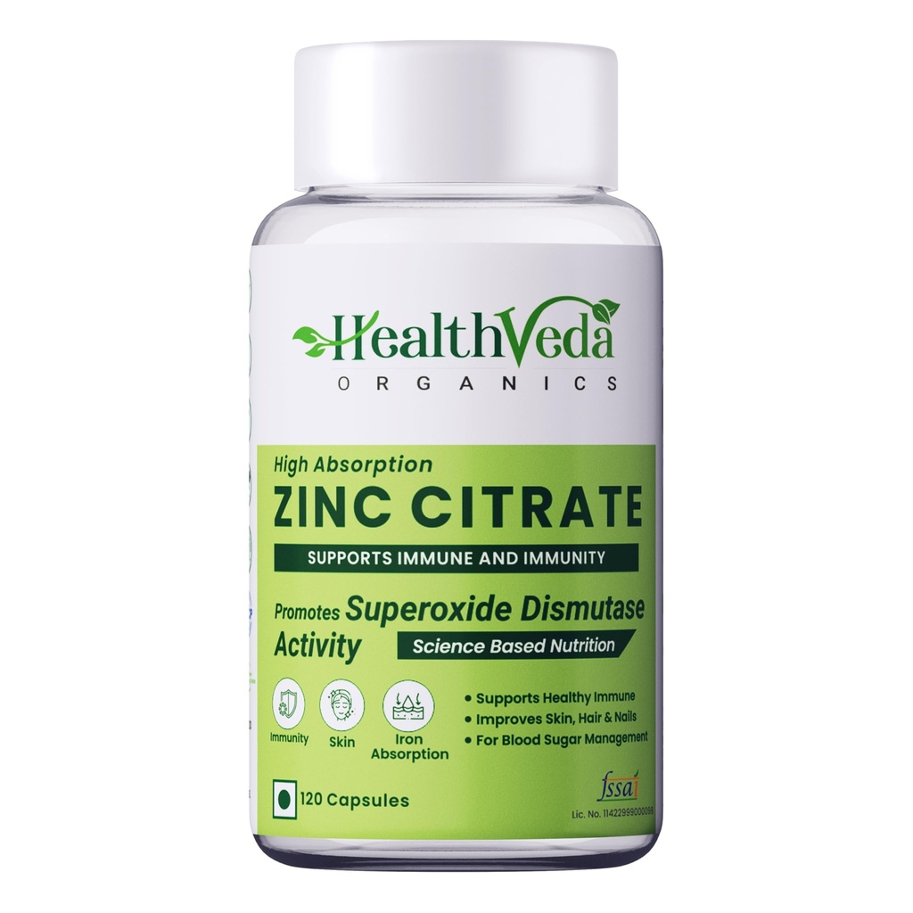 Health Veda Organics Zinc Citrate | Supports Immunity, Skin, Hair & Nails | 120 Veg Capsules for Men & Women