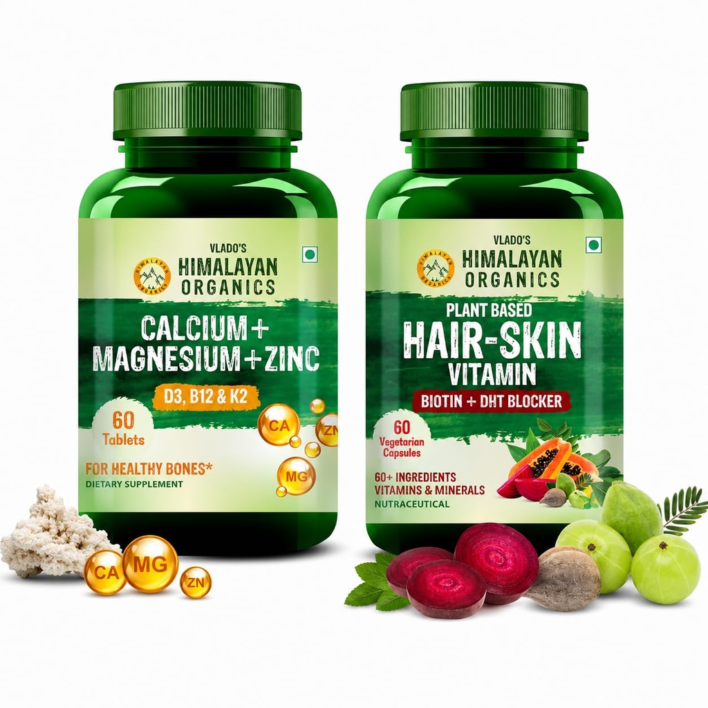 Vlado's Himalayan Organics Calcium Magnesium Zinc with Vitamin D3, B12 & K2 + Plant-Based Hair Vitamin with Biotin & DHT Blocker | Bone, Joint, Hair & Scalp Support | Combo Pack