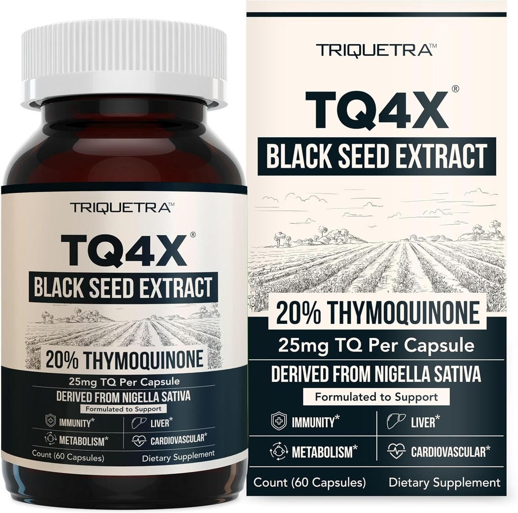 20% Thymoquinone Black Seed Extract Capsules - TQ-Advanced 4X®: Potent Thymoquinone Concentración dispoñible - 60:1 Concentrate de Nigella Sativa, Raw Form, Vegan, Glass Bottle (60 Capsules)