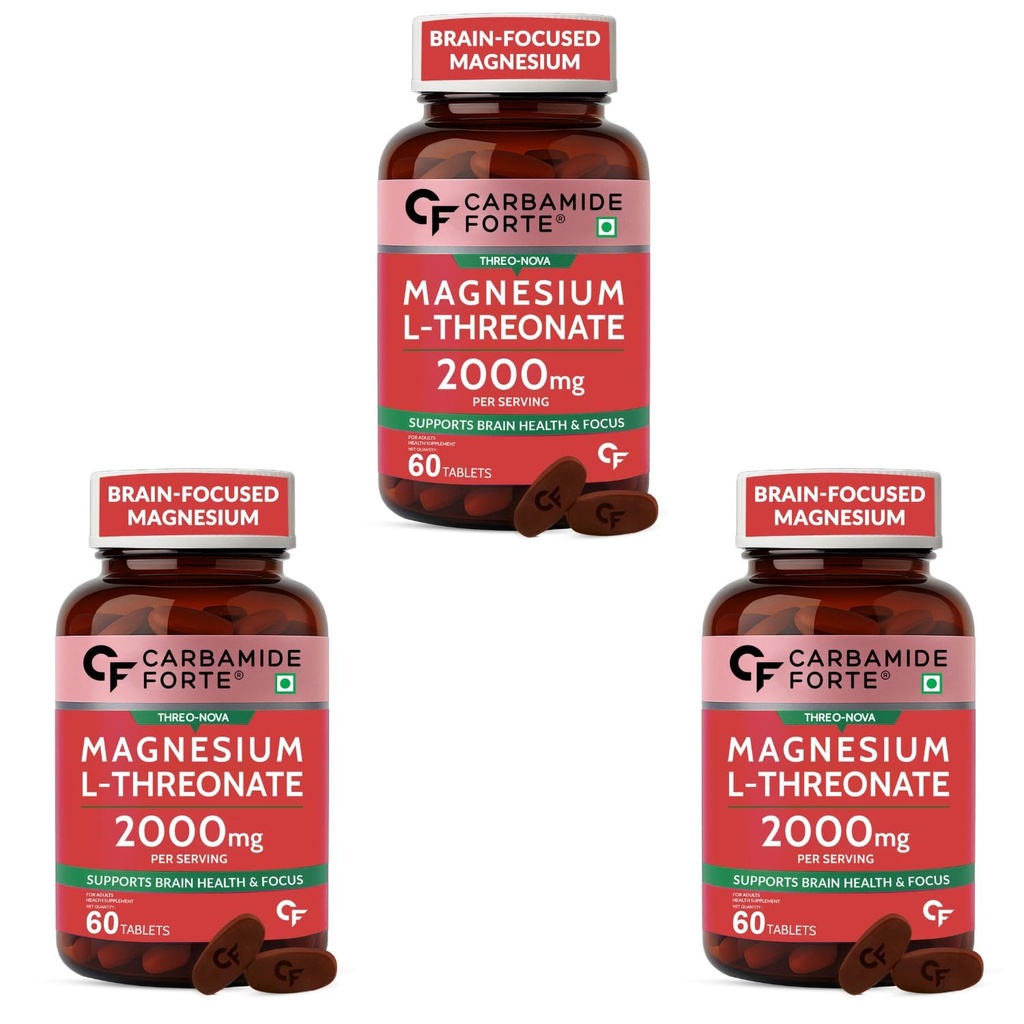 Carbamide Forte Magnesium L Threonate | Magnesium Supplement Supports Muscle Recovery & Better Sleep - 60 Tablets (Pack of 3)