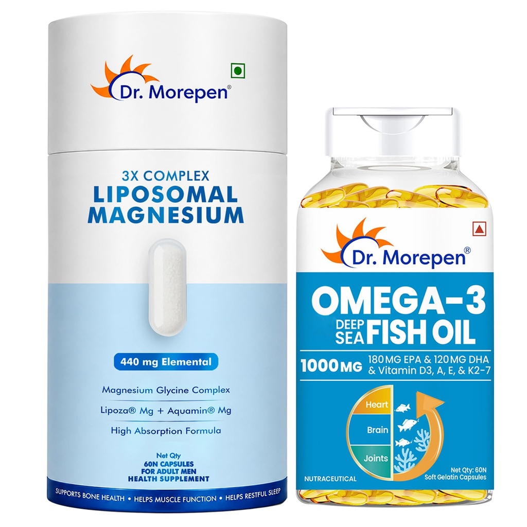 Dr. Morepen Omega-3 Fish Oil 1000mg (60 Softgels) + 3X Complex Liposomal Magnesium 440mg with Vitamin D2, K2-7, B6 & B12 (60 Capsules) | Heart, Joint, Sleep & Muscle Support Bundle