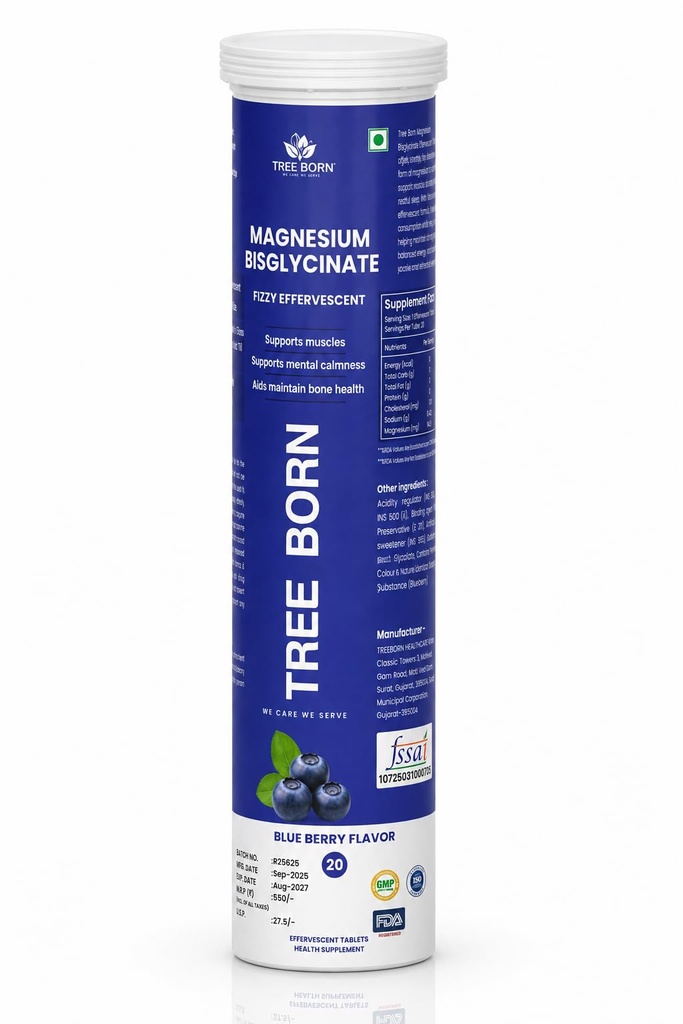 Tree Born Magnesium Bisglycinate Effervescent Tablets | Highly Bioavailable Magnesium Supplement | Supports Muscle Function, Nerve Health & Mental Calmness | Blueberry Flavor | 20 Fizzy Tablets