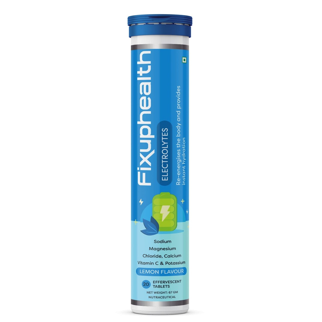 Fixuphealth Electrolyte Effervescent Tablets | Hydration Drink with Sodium, Potassium, Magnesium, Calcium & Vitamin C | Sugar Free Electrolytes for Workout, Travel & Daily Hydration | Lemon Flavour | 20 Tablets