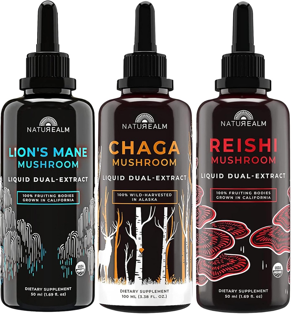Naturealm Lion's Mane, Reishi, & Chaga Mushroom Extract - Adaptogen Stack för fokus, immunitet, livslängd, Gut Health, Anti-Aging, Energy, Healing, & More - Organic Liquid Drops - 50 ml Varje (3 Pack)