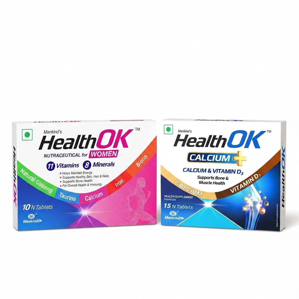 Health OK Calcium Tablets with Vitamin D3 (15 Count) & Multivitamin for Women (10 Count) Combo Pack for Joint, Bone, Muscle Health, Energy & Immunity Support | by Mankind