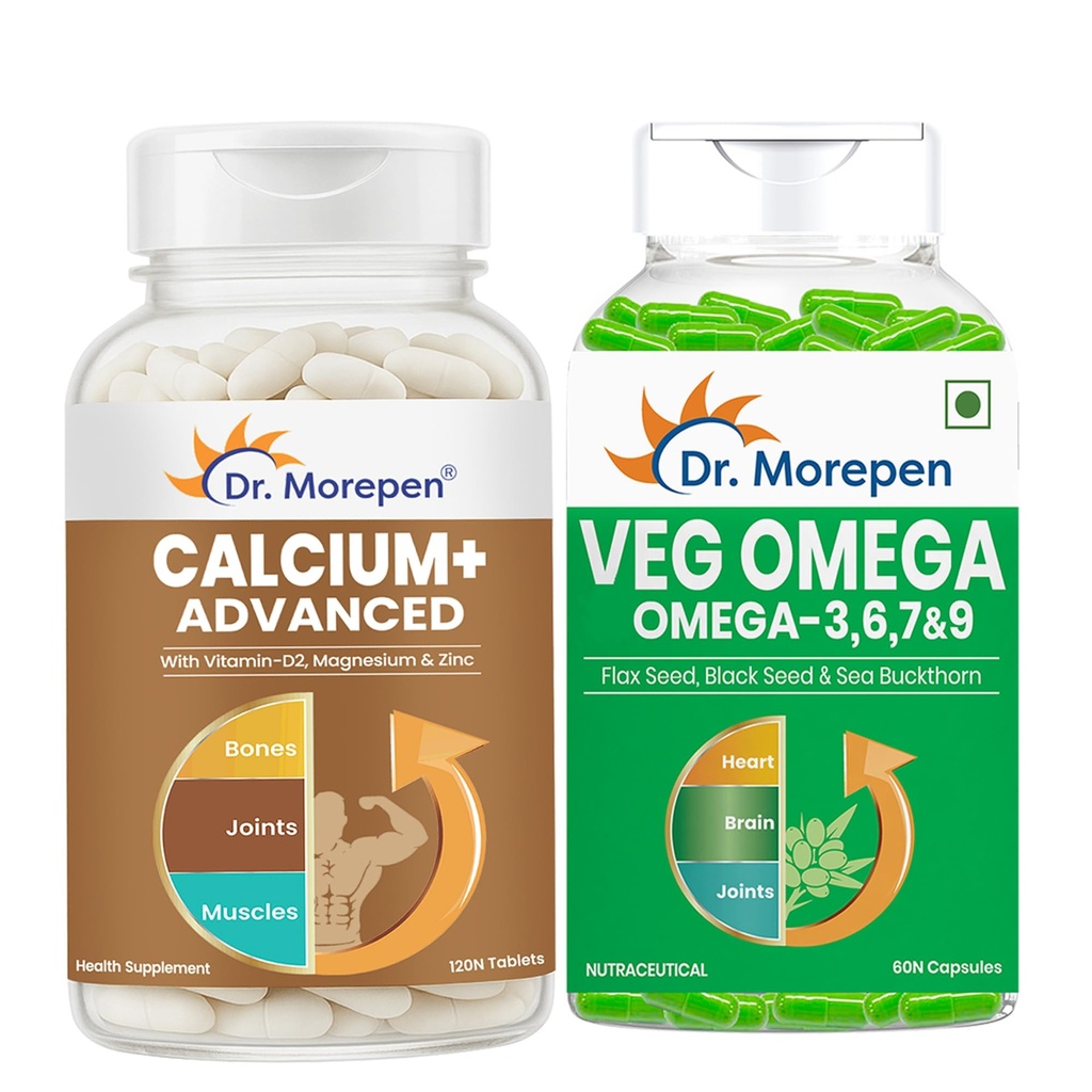 Dr. Morepen Calcium + Plant-Based Omega 3-6-7-9 Wellness Combo