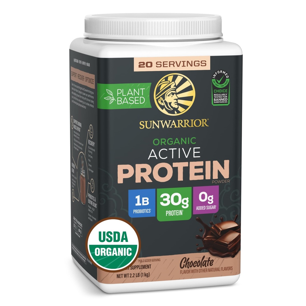 Sunwarrior Organic Plant Based Protein Powder | Vegan Organic Protein Powder with BCAA Amino Acids Plus Recovery Minerals & Botanicals | Non-GMO Soy Dairy & Gluten Free (Chocolate, 20 Servings)