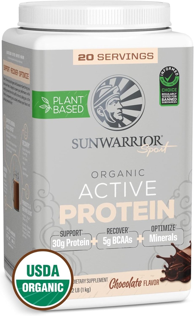 Sunwarrior Organic Plant Baseinas Milteliai 124; Vegan Organic proteinas milteliai su BCAA Amino rūgštys plius atkūrimo mineralai & Botanicals ® 124; Ne GMO sojų pieno ir gluten nemokamai (Šokoladas, 20 Servings)