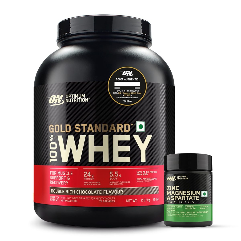 Optimum Nutrition (ON) Zinc Magnesium Aspartate (ZMA) - 60 Capsules and ON Gold Standard 100% Whey -5 lbs (Double Rich Chocolate)
