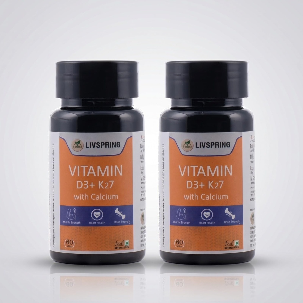 Vitamin D3 + K2-7 | Supports Stronger Bones, Muscle Strength, Calcium Absorption, Improves Immunity and Cardiovascular Health | 600 IU Patented Vitashine™ Vitamin D3 + 55 mcg K2-7 and Calcium | Lichen Sourced, 100% Veg (60 Tablets)