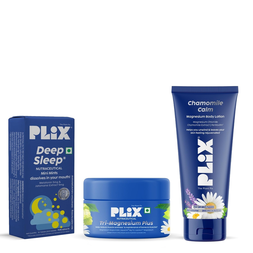 PLIX- THE PLANT FIX Tri-Magnesium Plus Tablets + Deep Sleep Mini Mints + Chamomile Calm Magnesium Body Lotion | Energy, Muscle Relaxation & Better Sleep