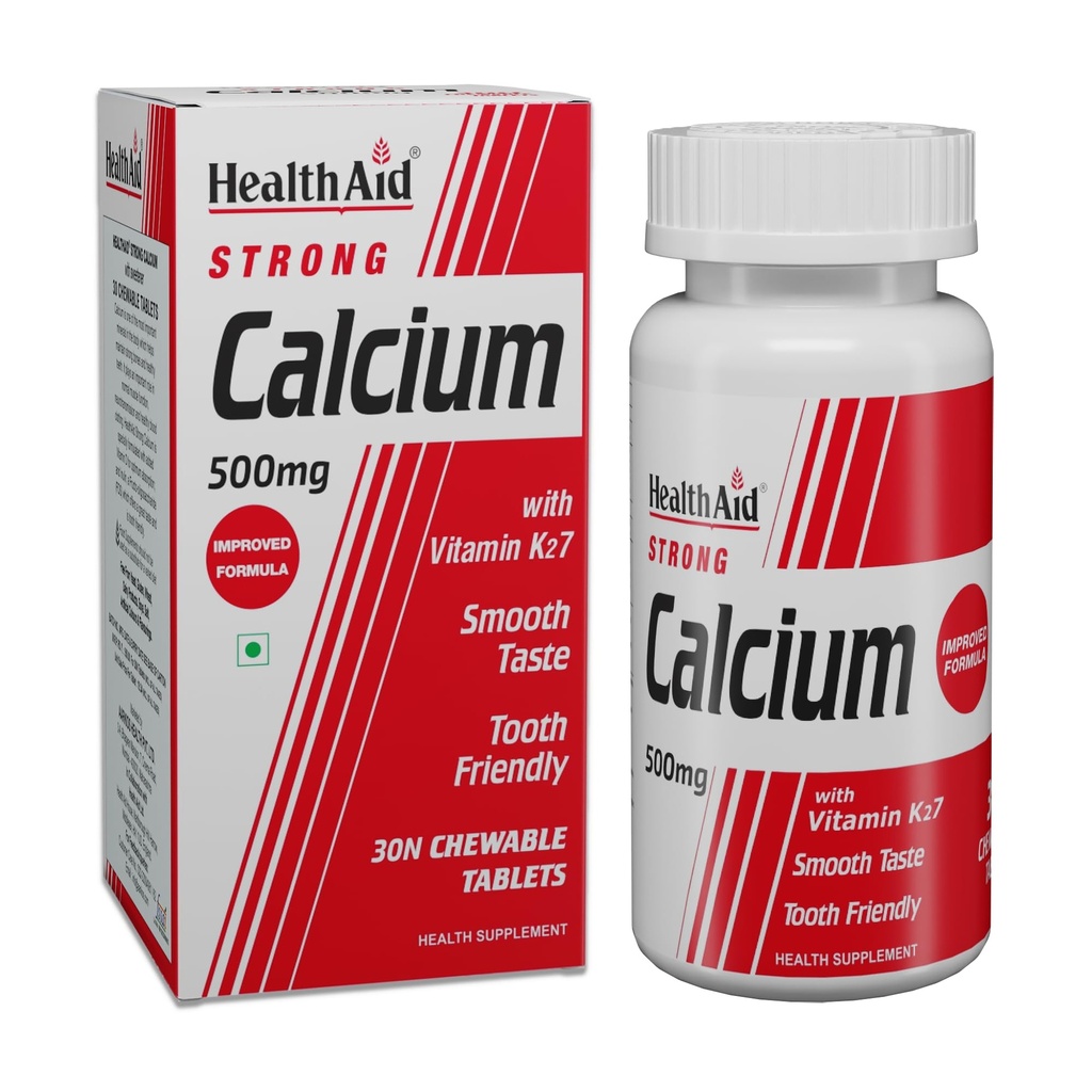 HealthAid Calcium 500 mg with Vitamin D3 & Vitamin K2-7 | Chewable Calcium Tablets for Strong Bones, Teeth & Muscle Support | For Men & Women | 30 Vegetarian Tablets