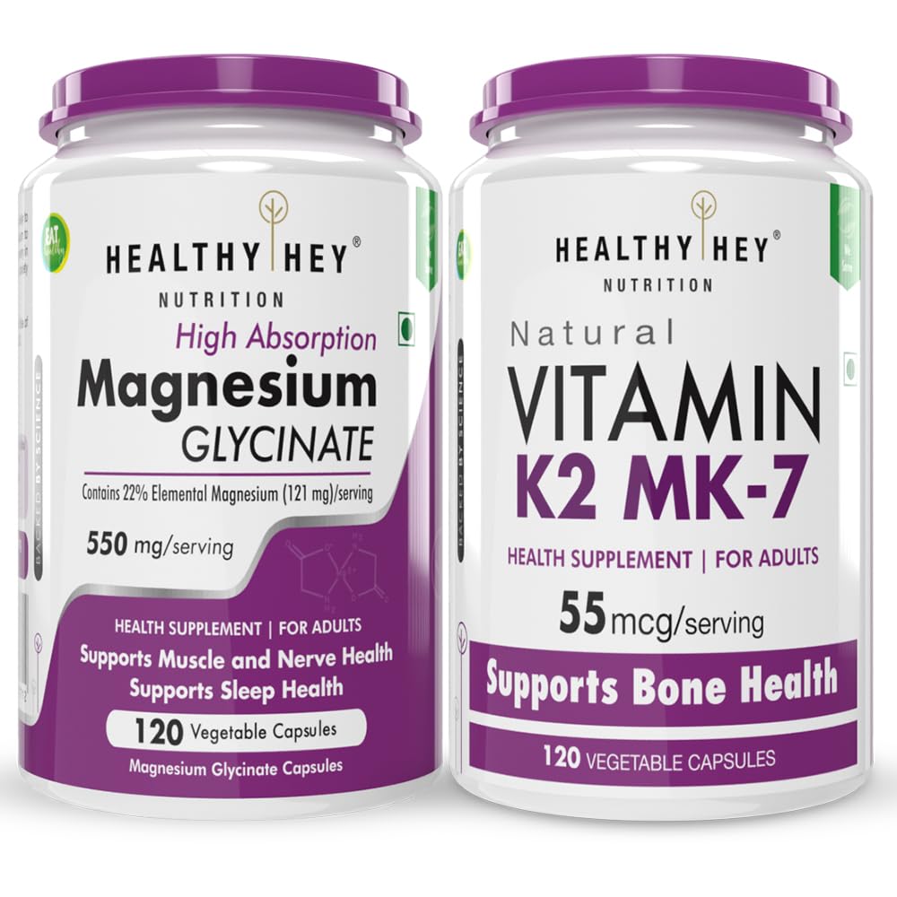 HealthyHey Nutrition Magnesium Glycinate 120 & Vitamin K2,120 capsules combo