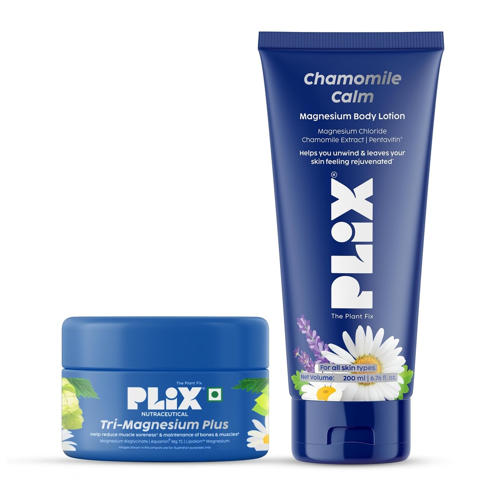 PLIX Tri-Magnesium Plus Tablets + Chamomile Calm Body Lotion Combo | Energy, Muscle Relaxation & Better Sleep | Triple Magnesium Complex, Chamomile, Vitamin B12 & D3