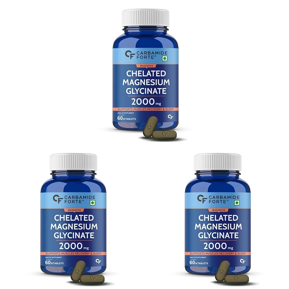 Carbamide Forte Chelated Magnesium Glycinate Supplement 2000mg Per Serving | Magnesium Supplement Supports Muscle Recovery & Better Sleep -60 Veg Tablets (Pack of 3)
