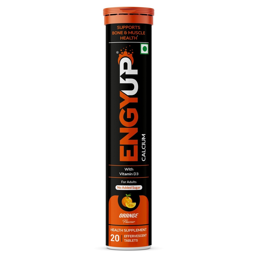 ENGYUP Calcium-500mg and Vitamin D3-400 IU | For Strong & Healthy Bone, Joints, Teeth and Muscle Supplement | 20 Effervescent Tablets | Orange Flavor