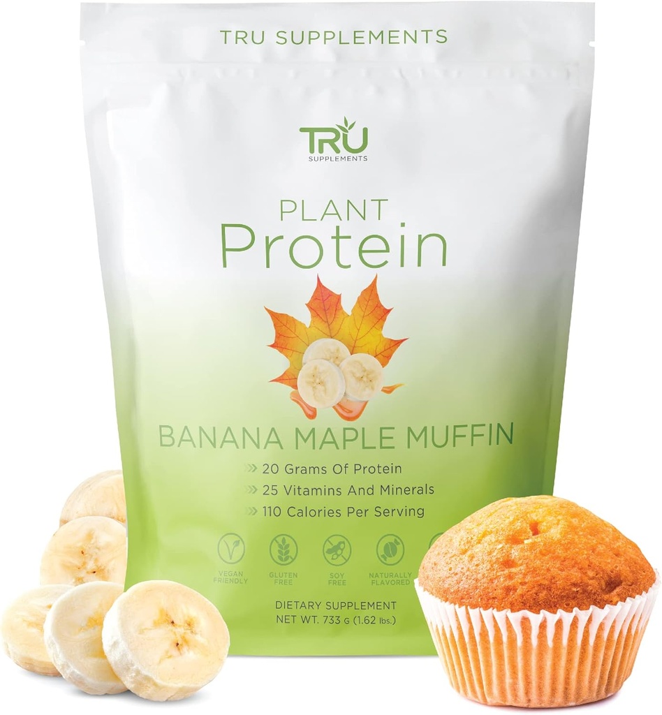 Suplimente TRU Pudră de proteine pe bază de plante, BCAA, EAA, 20g Vegan brun orez și proteine de mazăre, 100 Calorii, 27 Vitamine, Fără arome artificiale 25 Serviri (Banana Maple Muffin)