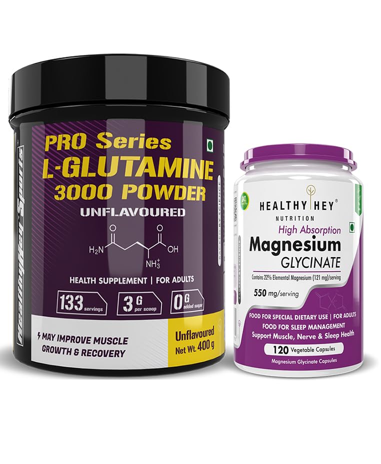 HealthyHey Nutrition Glutamine Powder 400g & Magnesium Glycinate 120 capsules