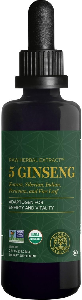 Global Healing Center - Ginseng - Organic Raw Herbal Extract - Liquid Panax Supplement Drop Promotes Energy - Korean ja Siperian Ginseng Supplement, Maca, Ashwagandha - ei-GMO - 2 Fl Oz