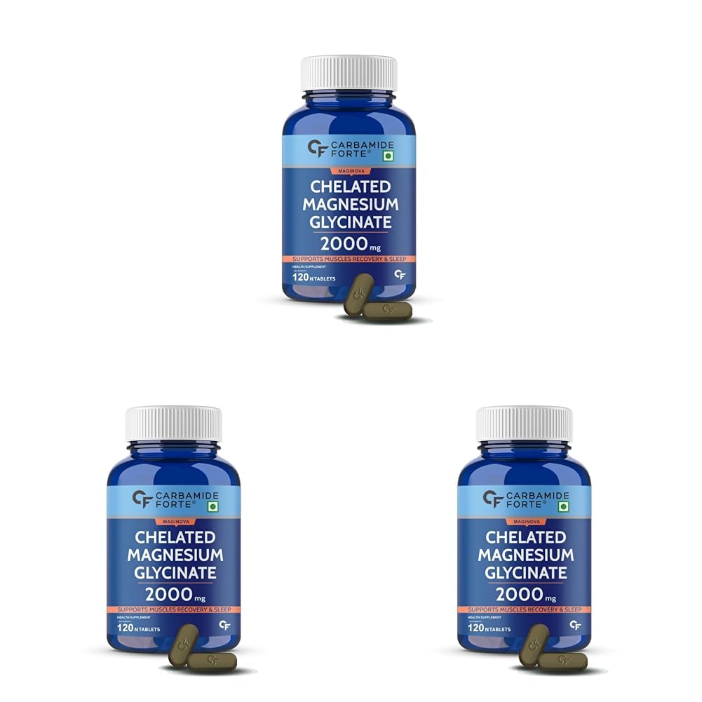 Carbamide Forte Chelated Magnesium Glycinate Supplement 2000mg Per Serving | Magnesium Supplement Supports Muscle Recovery & Better Sleep - 120 Veg Tablets (Pack of 3)