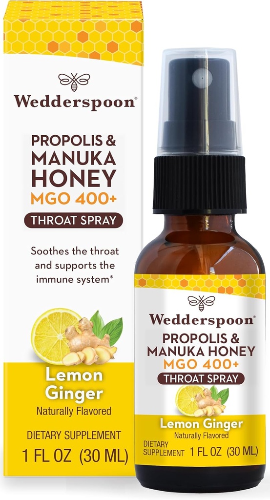 Wedderspoon Propolis i Manuka Honey Throat Spray, Lemon & Ginger, 1 Fl Oz (Pack of 1), Sore Throat Relief, Naturalne wsparcie immunologiczne
