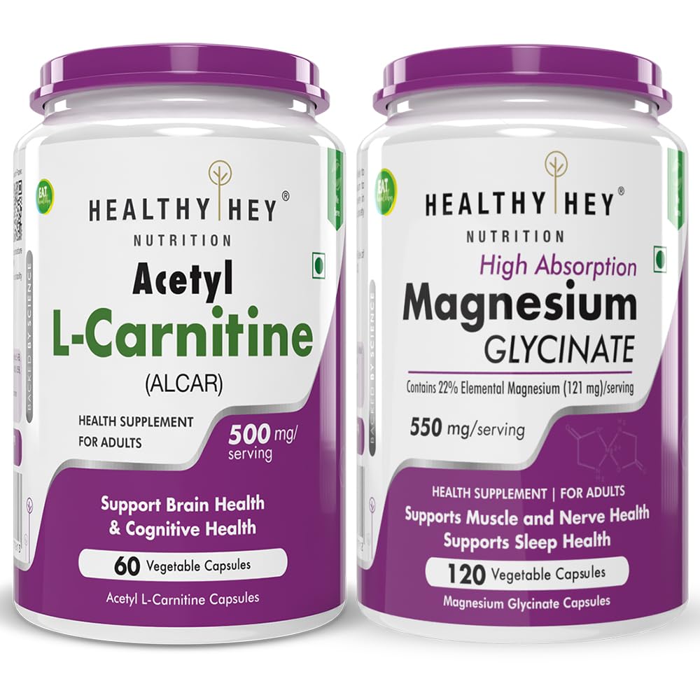 HealthyHey Nutrition Acetyl L-Carnitine (ALCAR),60 capsules & Magnesium Glycinate 120 capsules