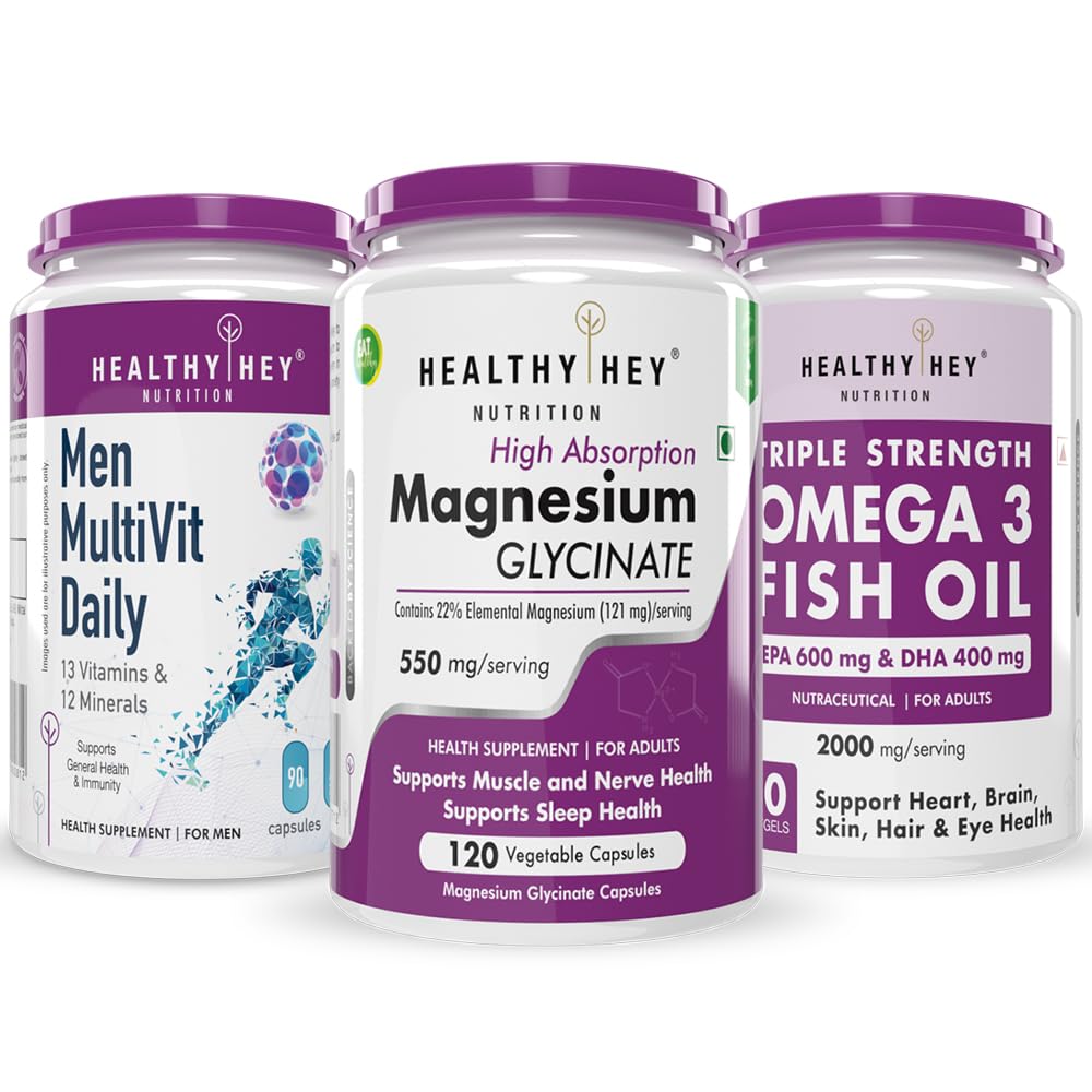 HealthyHey Nutrition Multivitamin Men 90 capsules & Fish oil 60 Softgels & Magnesium Glycinate 120 capsules