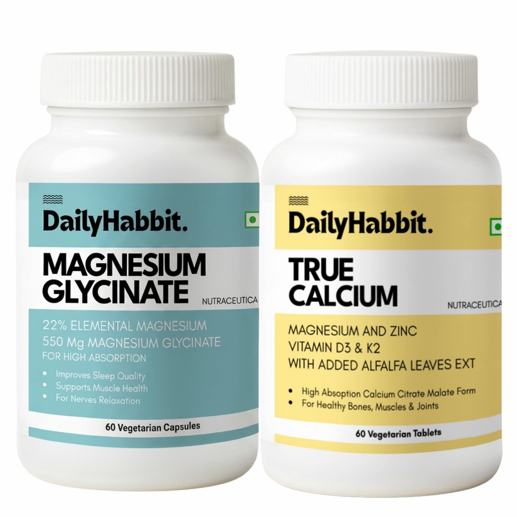 TRUE Bone & Muscle Health Combo | Calcium Citrate 1000mg + Magnesium Glycinate 550mg | Vitamin D3, K2, Zinc & Magnesium | 120 Veg Tablets/Capsules