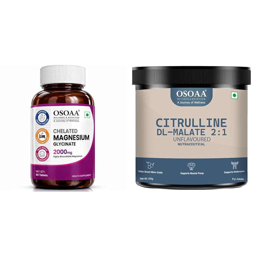 Chelated Magnesium Glycinate 2000mg Tablets – 60 Tablets | High Absorption Magnesium Supplement fo | OSOAA Pure Citrulline Malate 2:1 Supplement Powder - 100g, Unflavoured | Boosts Nitric Oxide, Pre