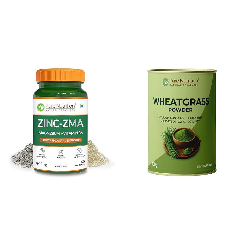 Pure Nutrition Zinc ZMA – 60 Veg Tablets | 800mg Zinc, Magnesium Aspartate & Vitamin B6 | Supports | Pure Nutrition Wheatgrass Powder, 100g | Supports Detoxification & Alkalinity | Contains chlorophy