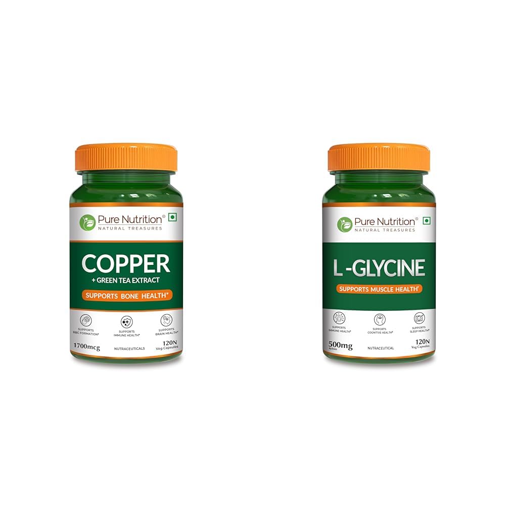 Pure Nutrition Copper (1700mcg) Supplement with Green Tea Extract, 120 Veg Capsules | Support Conn | Pure Nutrition L Glycine Supplement (500mg) 120 veg Capsules | Supports Muscle Health, Brain & Sle