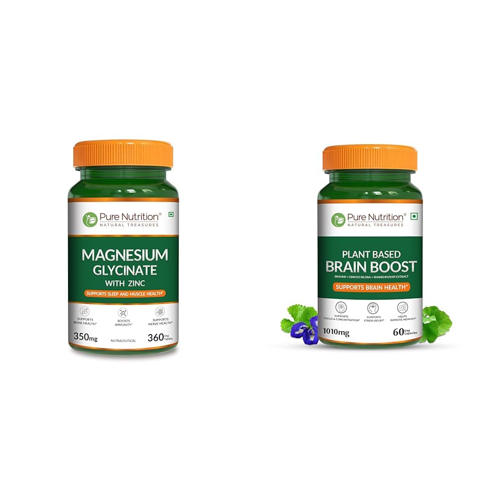 Pure Nutrition Magnesium Glycinate with Zinc Supplement 350 mg | High Absorption Magnesium Supplem | Pure Nutrition Plant Based Brain Boost (1010mg) - 60 Veg Capsules | With Brahmi, Ginkgo Biloba & S