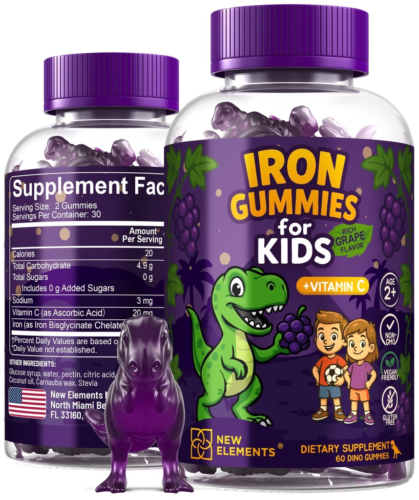 Iron Dinosaur Gummies for Kids with Vitamin C | Sugar-Free, Vegan, Gluten-Free & Non-GMO | Anemia Relief, Energy & Blood Health Support | Grape Flavor, Pectin-Based for Optimal Health