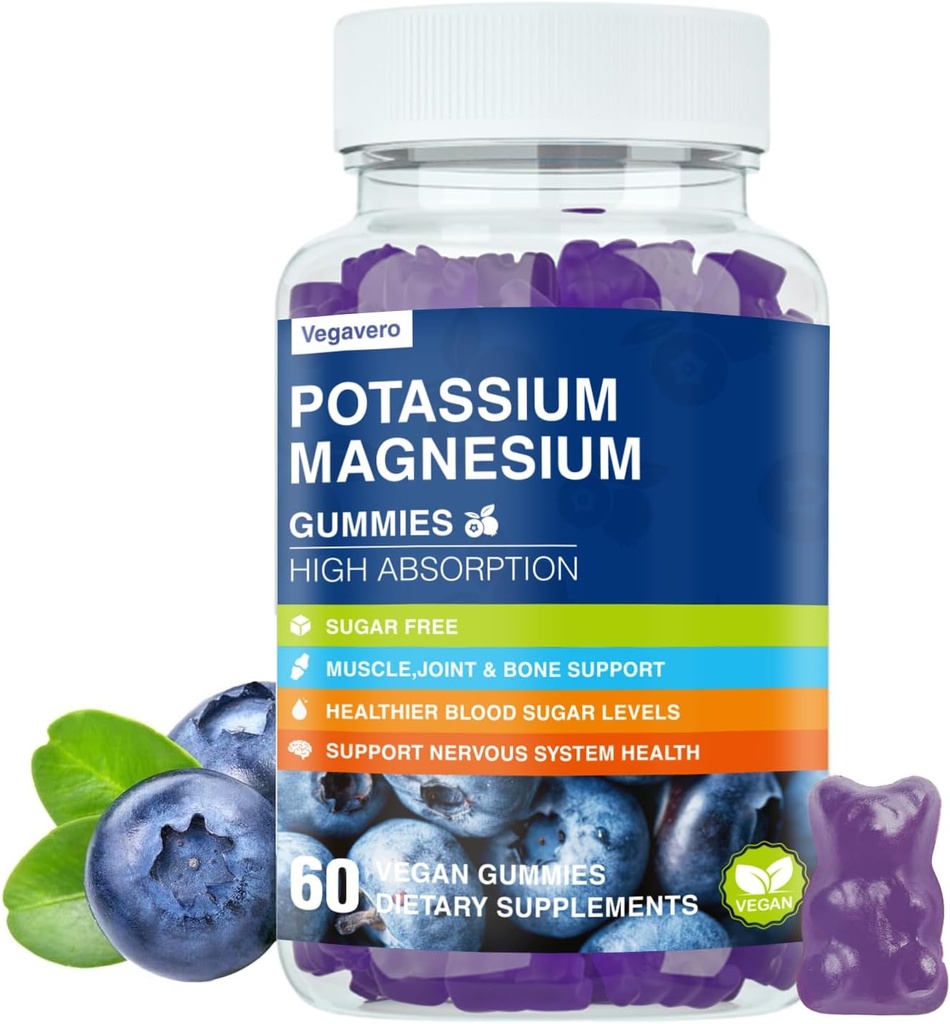 Magnesium Kaliumlisä Gummies - korkea Imeytyminen Rauhoitu Magnesium Glycinate & Kalium Citrate Plus Coenzyme Q10, DHA, D3, Mineraali & kalsium Zzz, Leg Cramps & lihas - 60 mustikka Gummies