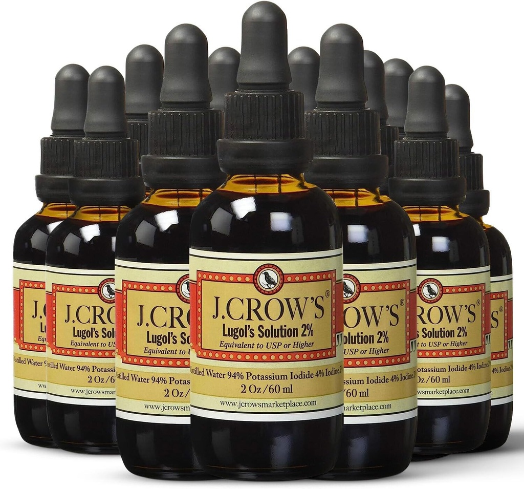 J.CROW'S ® Lugol's Solutiation of Iodine 2% oz (12瓶) — 碘与碘酸钾液体,Gluten &,无酒精天然碱提取,无过期