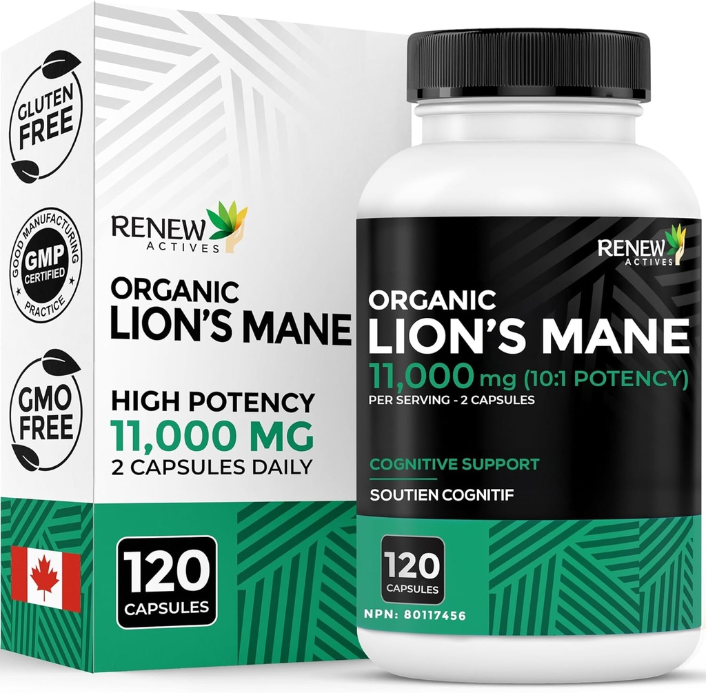 Renew Actives Premium Organic Lion's Mane Mushroom 1100MG per 2 Capsules - Supports Brain Function, Memory, Focus, Stress Relief & Immune Health, Non-GMO, Vegan - Kanada'da Yaptı - 120 Capsules