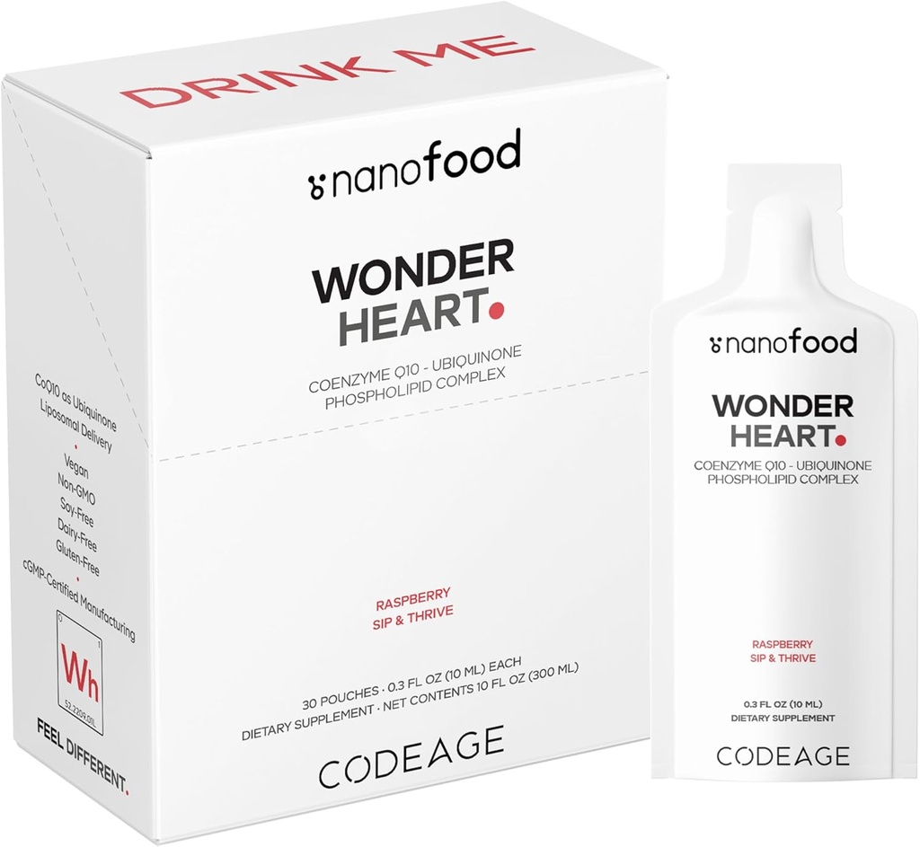 Codeage Wonder Heart Liquid CoQ10 Liposomal Ubiquinone Supplement, Coenzym Q10 Herz Vitamine, Non-GMO Sonnenblume Phosphatidylcholin Vegan Blend, Himbeer Flavored Softgel, Packung mit 30 Pouches