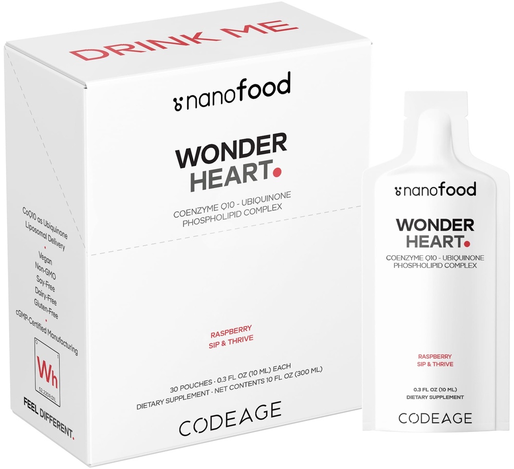 Codeage Wonder Heart Liquid CoQ10 Liposomal Ubiquinone Supplement, Coenzyme Q10 Heart Vitamins, Non-GMO Sunflower Phosphatidylcholine Vegan Blend, Raspberry Flavored Softgel, Pack of 30 Pouches