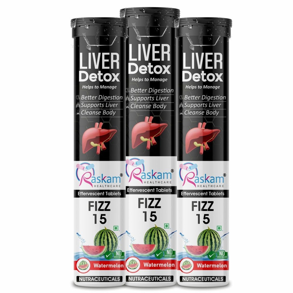 Liver Detox Effervescent – Plant-Based Detox with 9 Ayurvedic Herbs | Sugar-Free | Refreshing Watermelon Flavor | Drop, Fizz, Sip | Fizz 15 Tablets Pack of 3