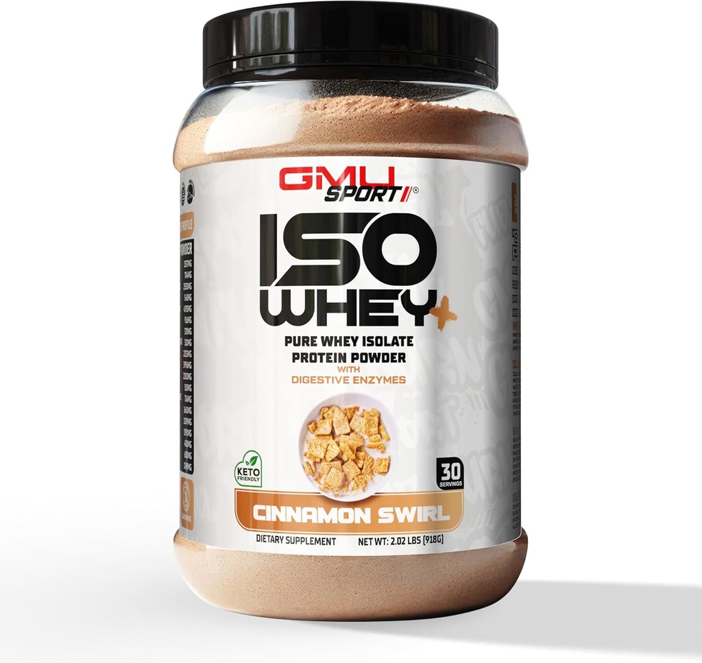 MMU SPORT - 100% Whey Protein Isolate pulver - 2 LB Whey Isolate Protein pulver med collagen Peptider, Digestive Enzymer & BCAA - Protein pulver med 30 serveringer - Cinnamon Swirl
