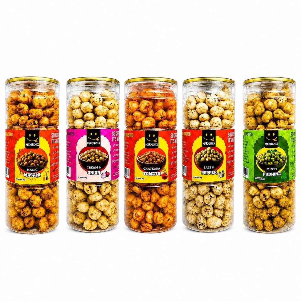 MAKHANIX Healthy Roasted Makhana Combo Pack of 5 Flavours (450g Total) | Masala, Cream & Onion, Chatkara Tomato, Salt & Pepper, Minty Pudina | High Protein Fox Nuts Snack | Gluten Free & Roasted. (Tangy Cheese + Minty Pudina + Peri-Peri)