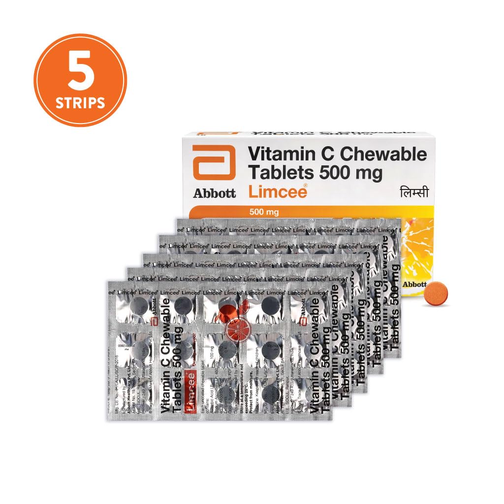 Limcee Chewable Natural Vitamin C Chewable Tablets 500mg || Tangy Orange Flavour || Boost Immunity || Supports Energy || Antioxidant || Skin Care || Men and Women -15 Tabs (Pack of 5)